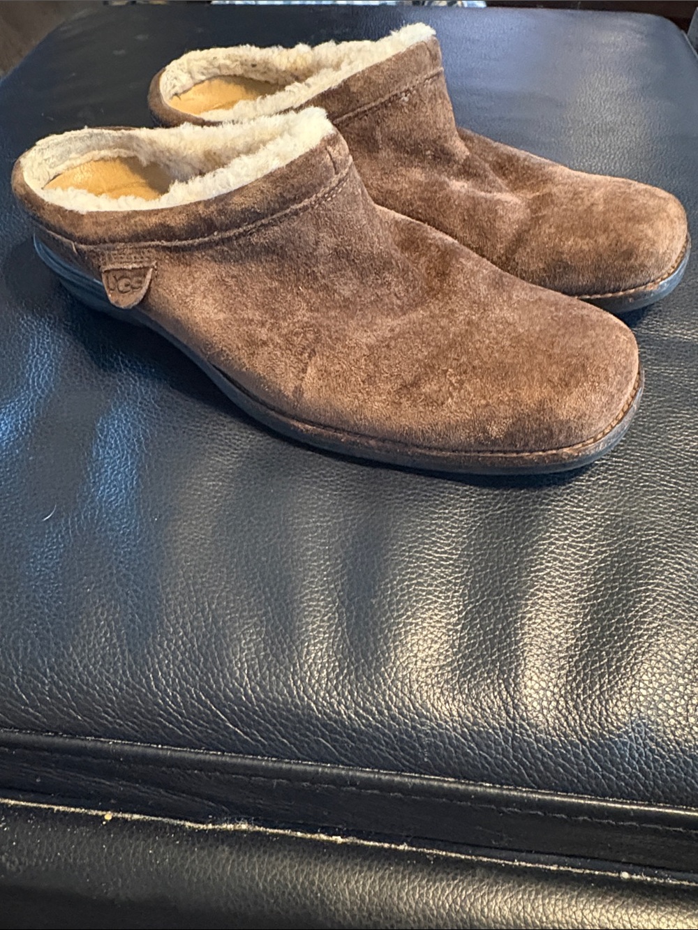 UGG Australia Brown Suede Shearling Lined Clogs Mules Slip-On